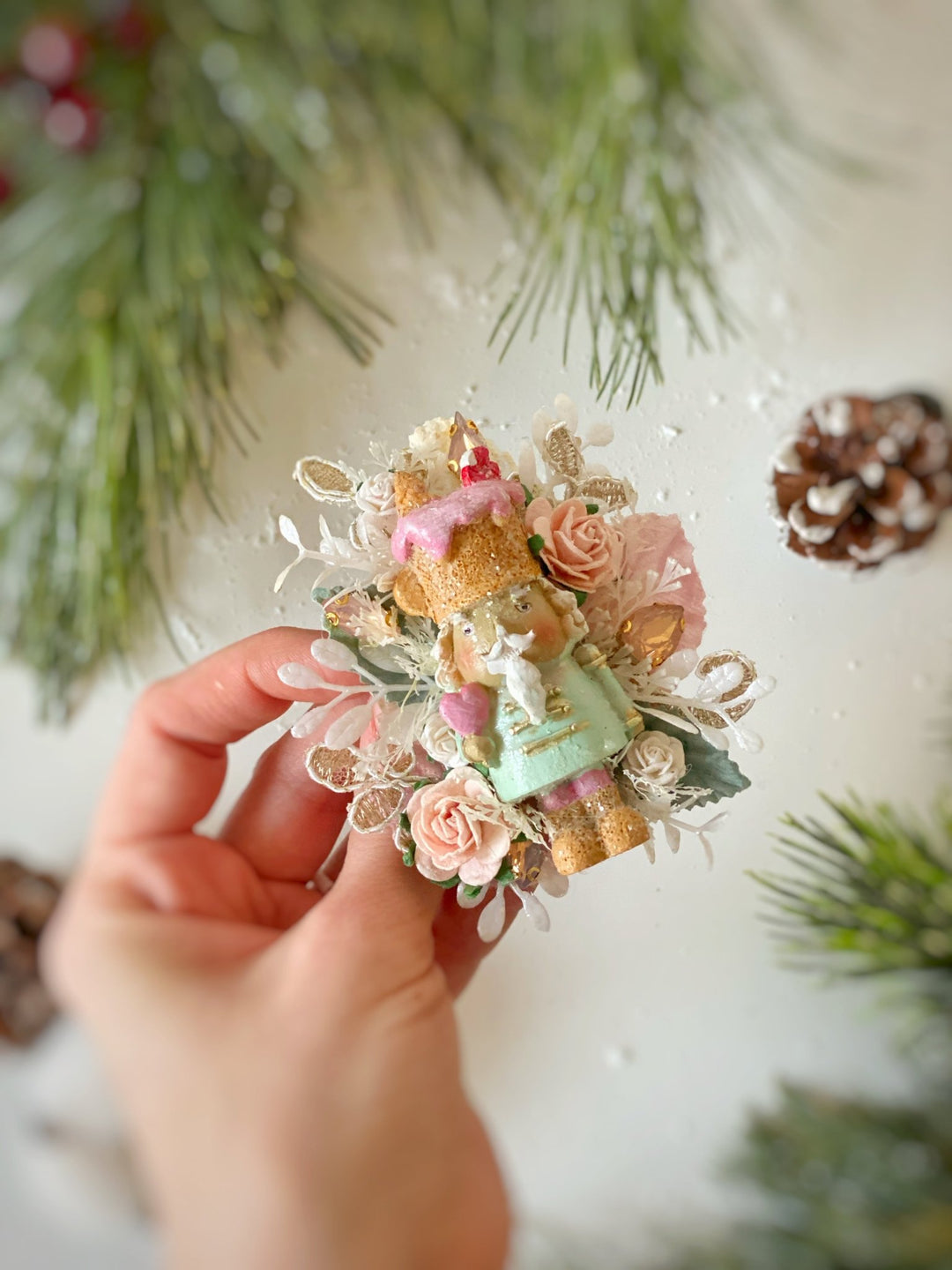 Pastel Nutcracker Christmas Brooch | Pink Roses and Lace – handmade floral hair accessory by magaela