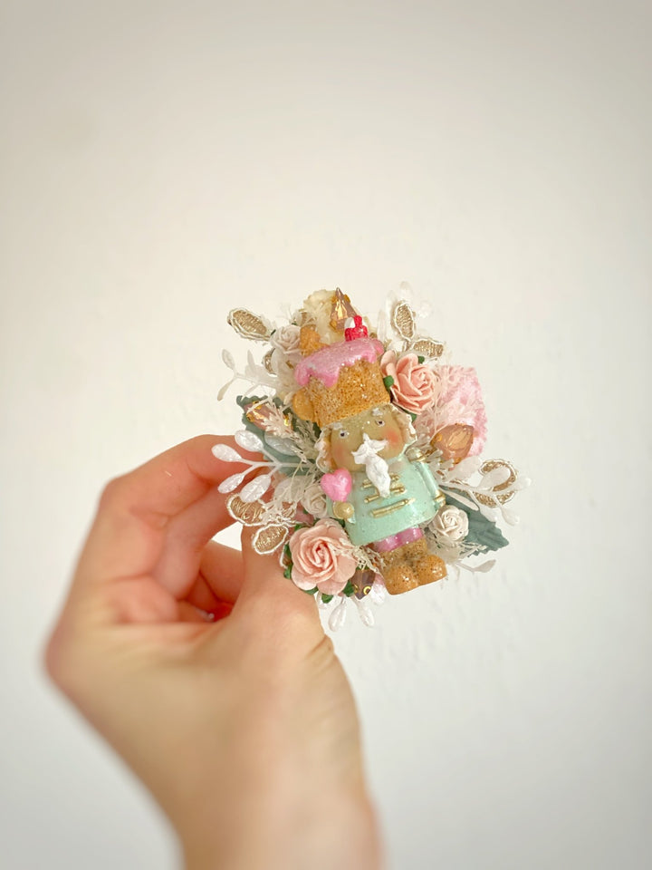 Pastel Nutcracker Christmas Brooch | Pink Roses and Lace – handmade floral hair accessory by magaela