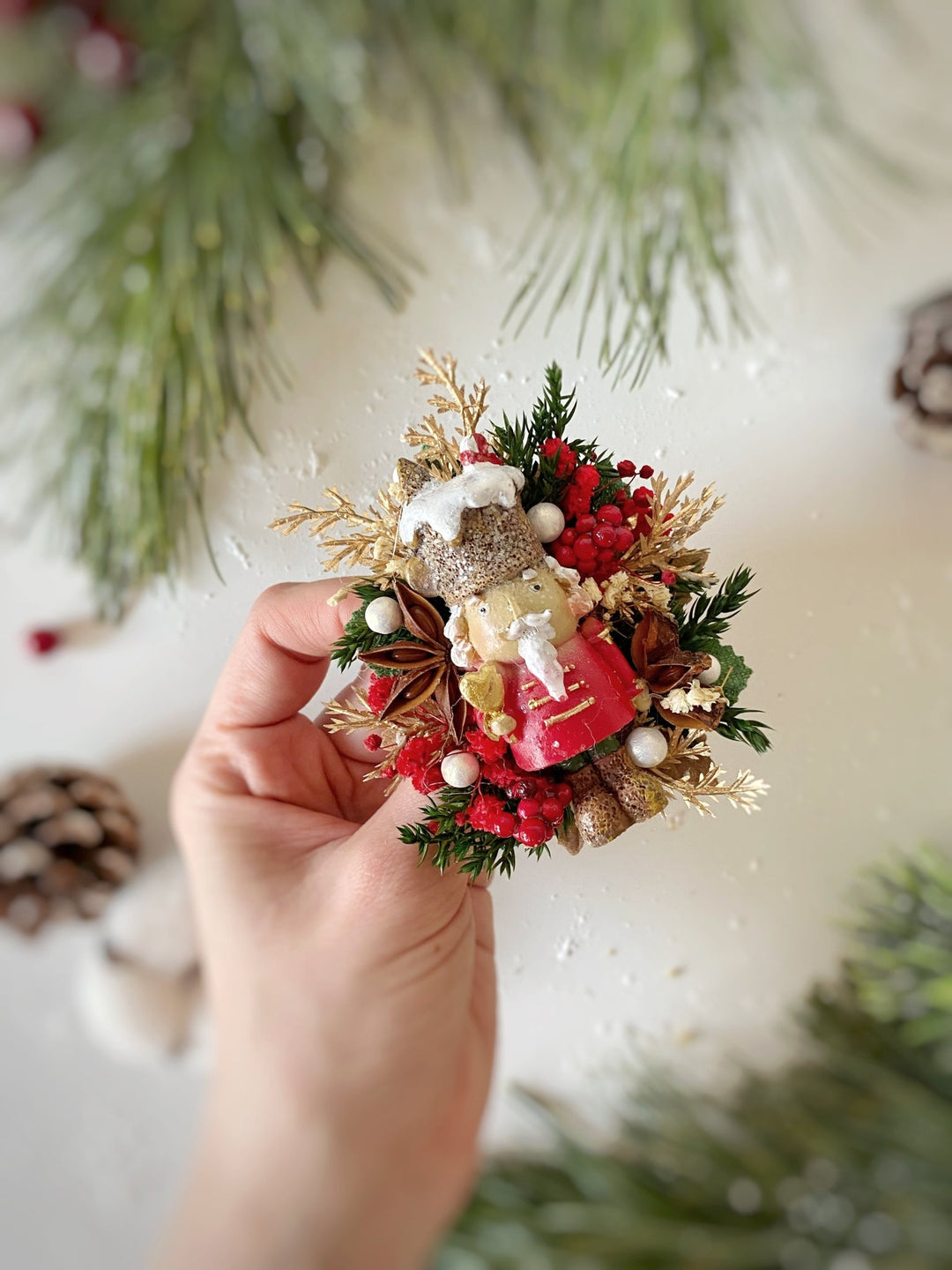 Nutcracker Christmas Brooch | Star Anise and Golden Leaves – handmade floral hair accessory by magaela