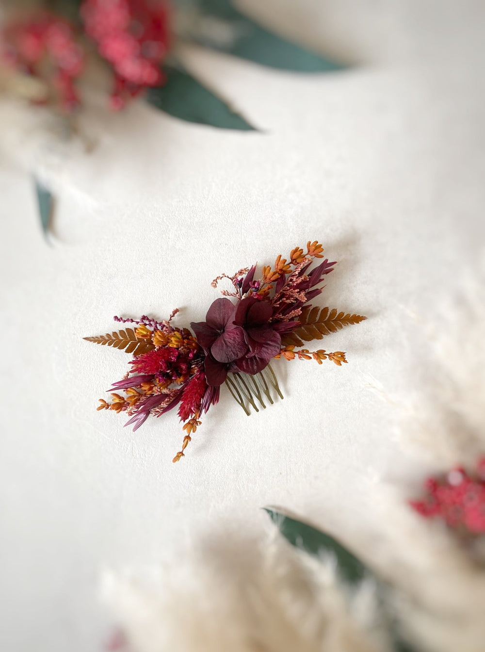 Dried Flower Burgundy Hair Comb | Hydrangea, Lavender and Grasses – handmade floral hair accessory by magaela