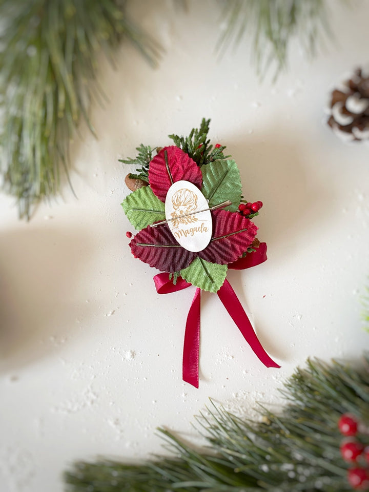 Christmas woodladn brooch with red apple: Winter Coat Pin (Copy) – handmade floral hair accessory by magaela