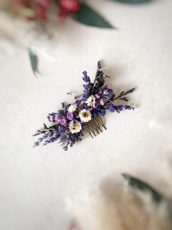 Dried Flower Hair Comb | Lavender, Gypsophila and White Daisy-Like Blooms – handmade floral hair accessory by magaela