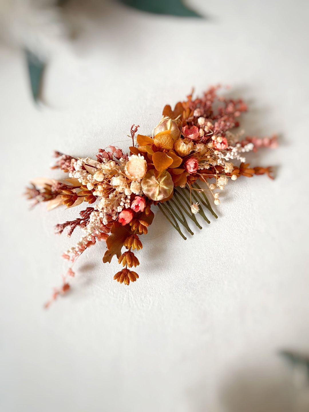 Dried Flower Hair Comb | Terracotta, Rust and Blush with Gypsophila – handmade floral hair accessory by magaela