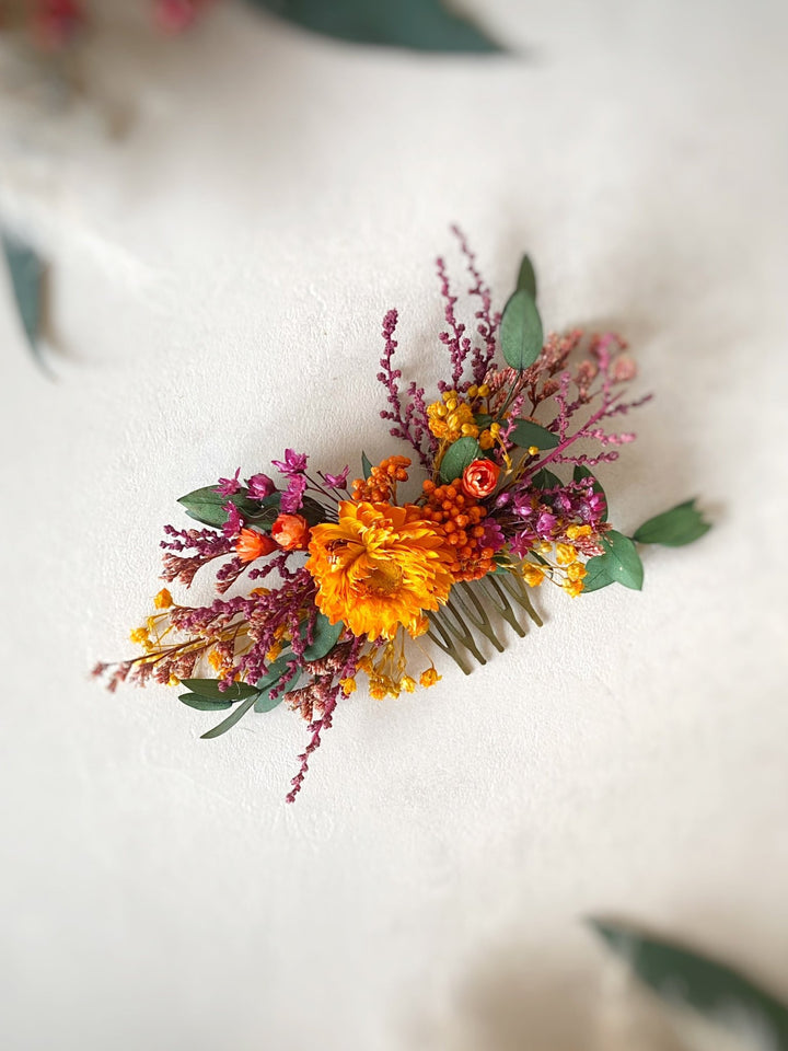 Dried Flower Hair Comb | Orange Flower, Purple Amaranth and Eucalyptus – handmade floral hair accessory by magaela