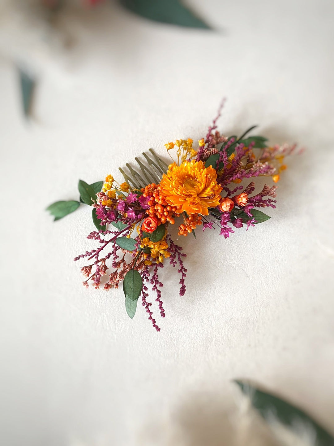 Dried Flower Hair Comb | Orange Flower, Purple Amaranth and Eucalyptus – handmade floral hair accessory by magaela