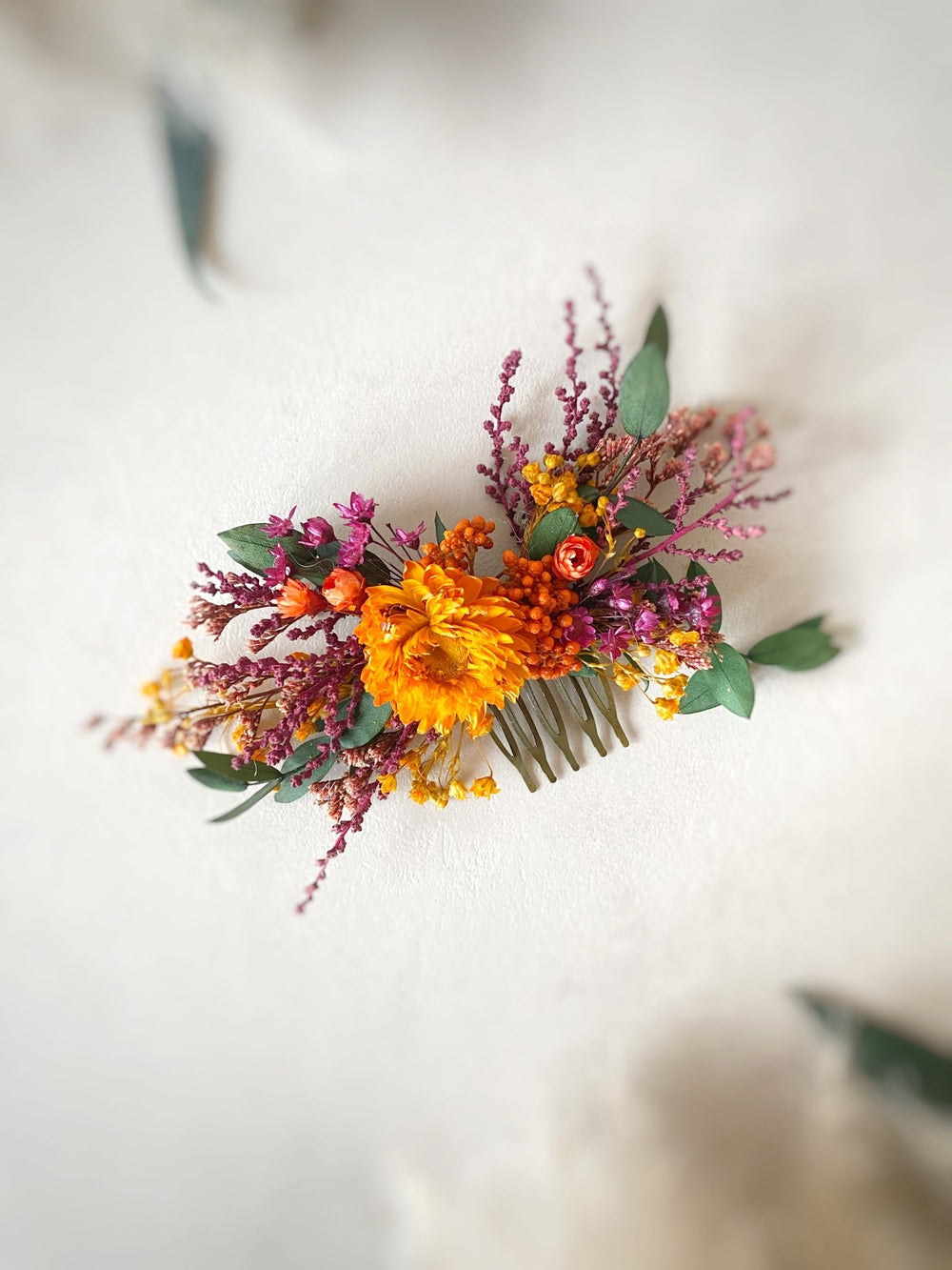 Dried Flower Hair Comb | Orange Flower, Purple Amaranth and Eucalyptus – handmade floral hair accessory by magaela
