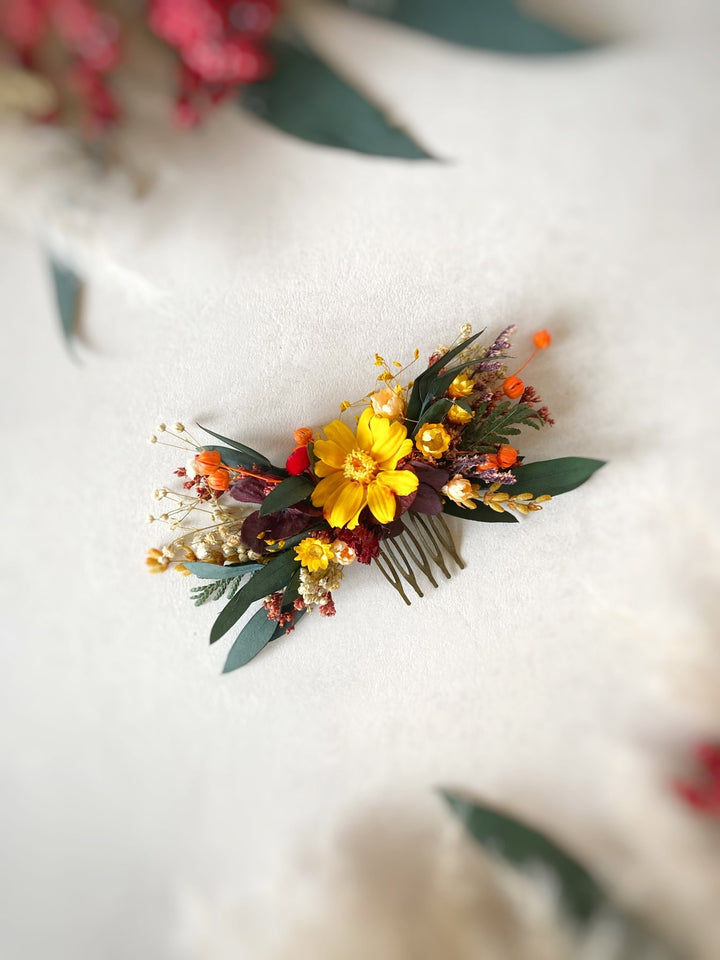 Dried Flower Hair Comb | Yellow, Burgundy and Orange with Eucalyptus – handmade floral hair accessory by magaela