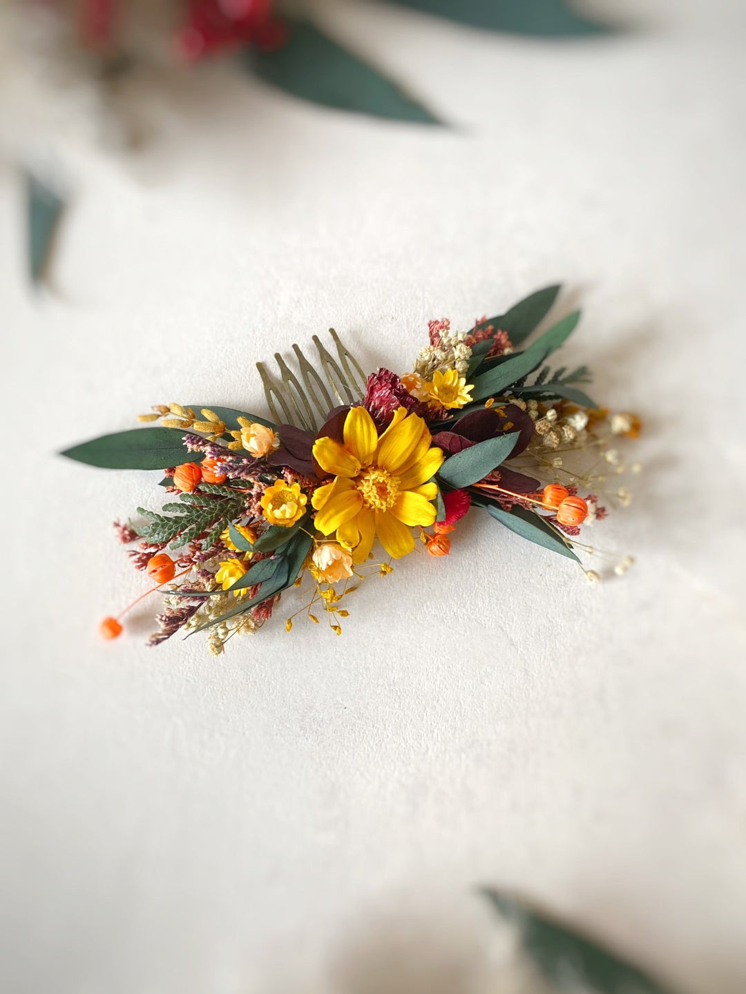 Dried Flower Hair Comb | Yellow, Burgundy and Orange with Eucalyptus – handmade floral hair accessory by magaela