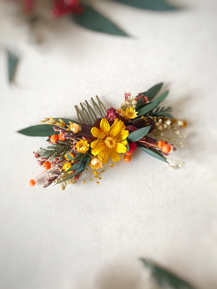 Dried Flower Hair Comb | Yellow, Burgundy and Orange with Eucalyptus – handmade floral hair accessory by magaela