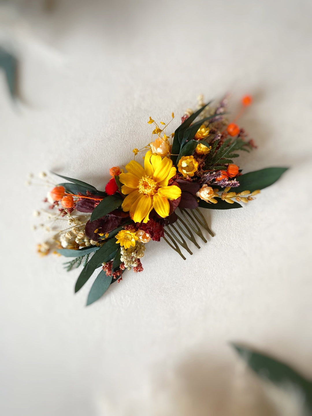 Dried Flower Hair Comb | Yellow, Burgundy and Orange with Eucalyptus – handmade floral hair accessory by magaela
