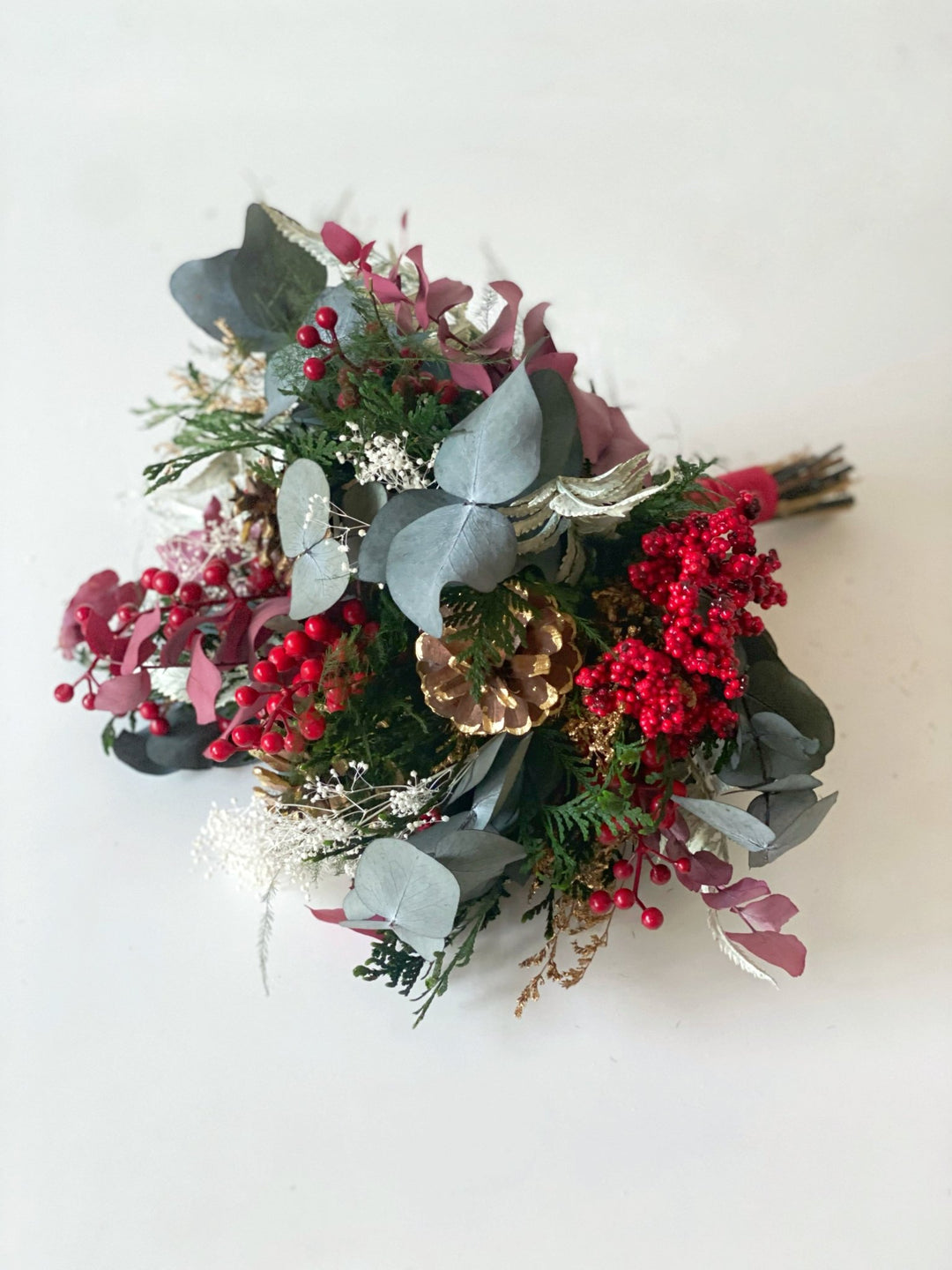 Winter Berry and Eucalyptus Bouquet | Christmas and Wedding Decor – handmade floral hair accessory by magaela