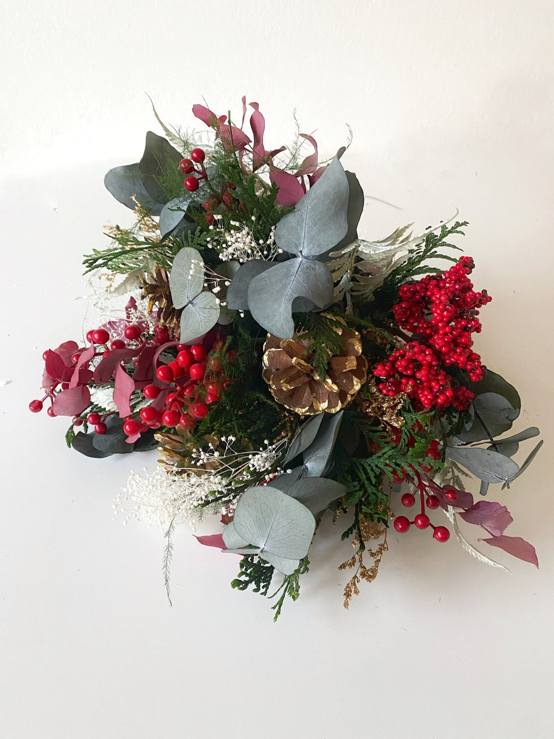 Winter Berry and Eucalyptus Bouquet | Christmas and Wedding Decor – handmade floral hair accessory by magaela