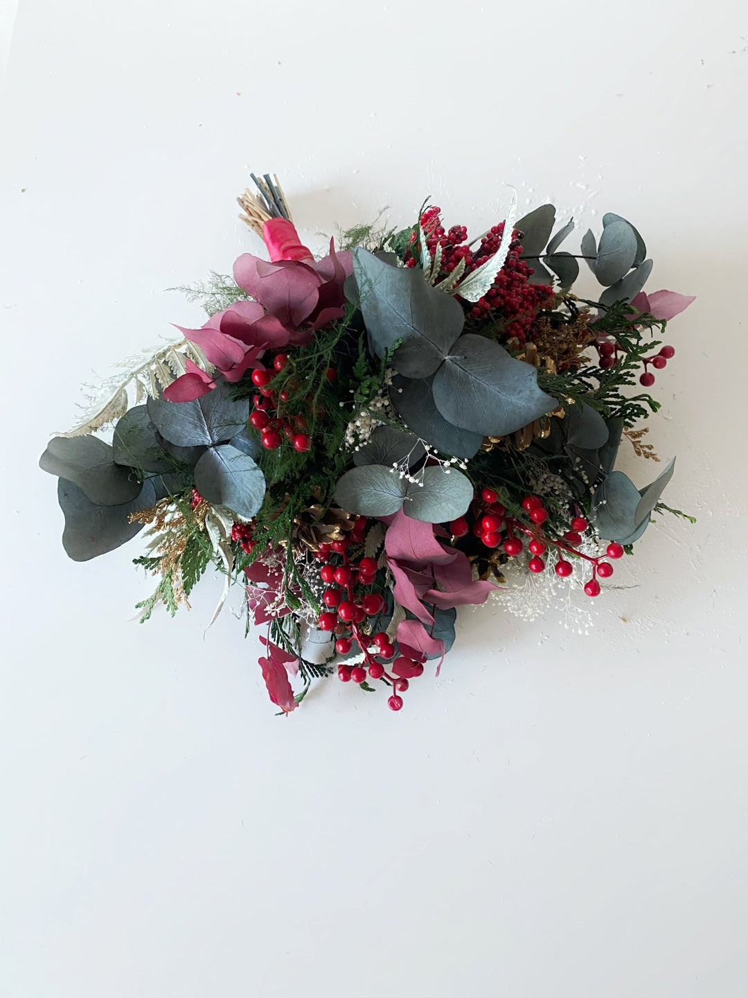 Winter Berry and Eucalyptus Bouquet | Christmas and Wedding Decor – handmade floral hair accessory by magaela