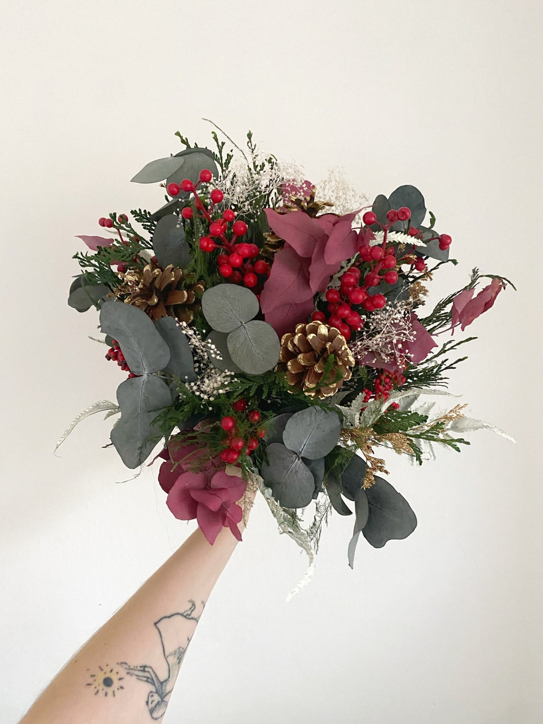 Winter Berry and Eucalyptus Bouquet | Christmas and Wedding Decor – handmade floral hair accessory by magaela