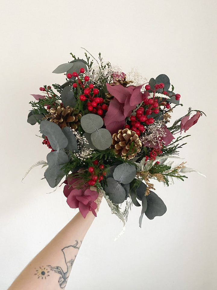 Winter Berry and Eucalyptus Bouquet | Christmas and Wedding Decor – handmade floral hair accessory by magaela