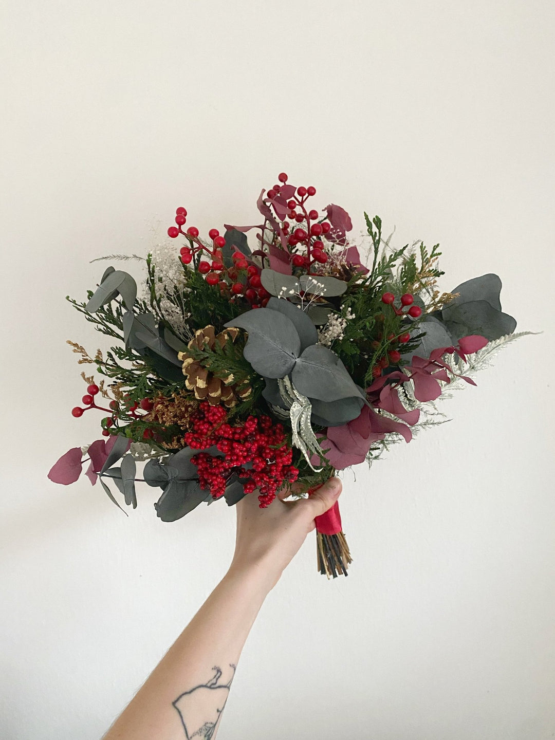 Winter Berry and Eucalyptus Bouquet | Christmas and Wedding Decor – handmade floral hair accessory by magaela