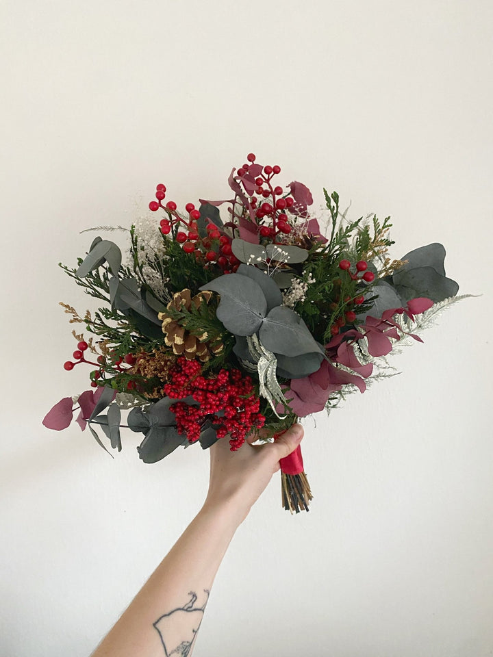 Winter Berry and Eucalyptus Bouquet | Christmas and Wedding Decor – handmade floral hair accessory by magaela