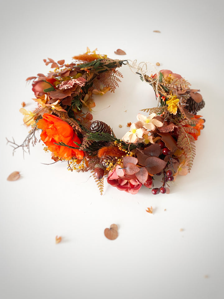 Fall Wedding Boho Flower Crown with Peonies, Pine Cones, Eucalyptus and Berries