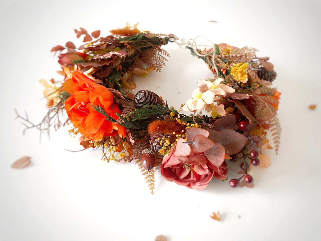Fall Wedding Boho Flower Crown with Peonies, Pine Cones, Eucalyptus and Berries