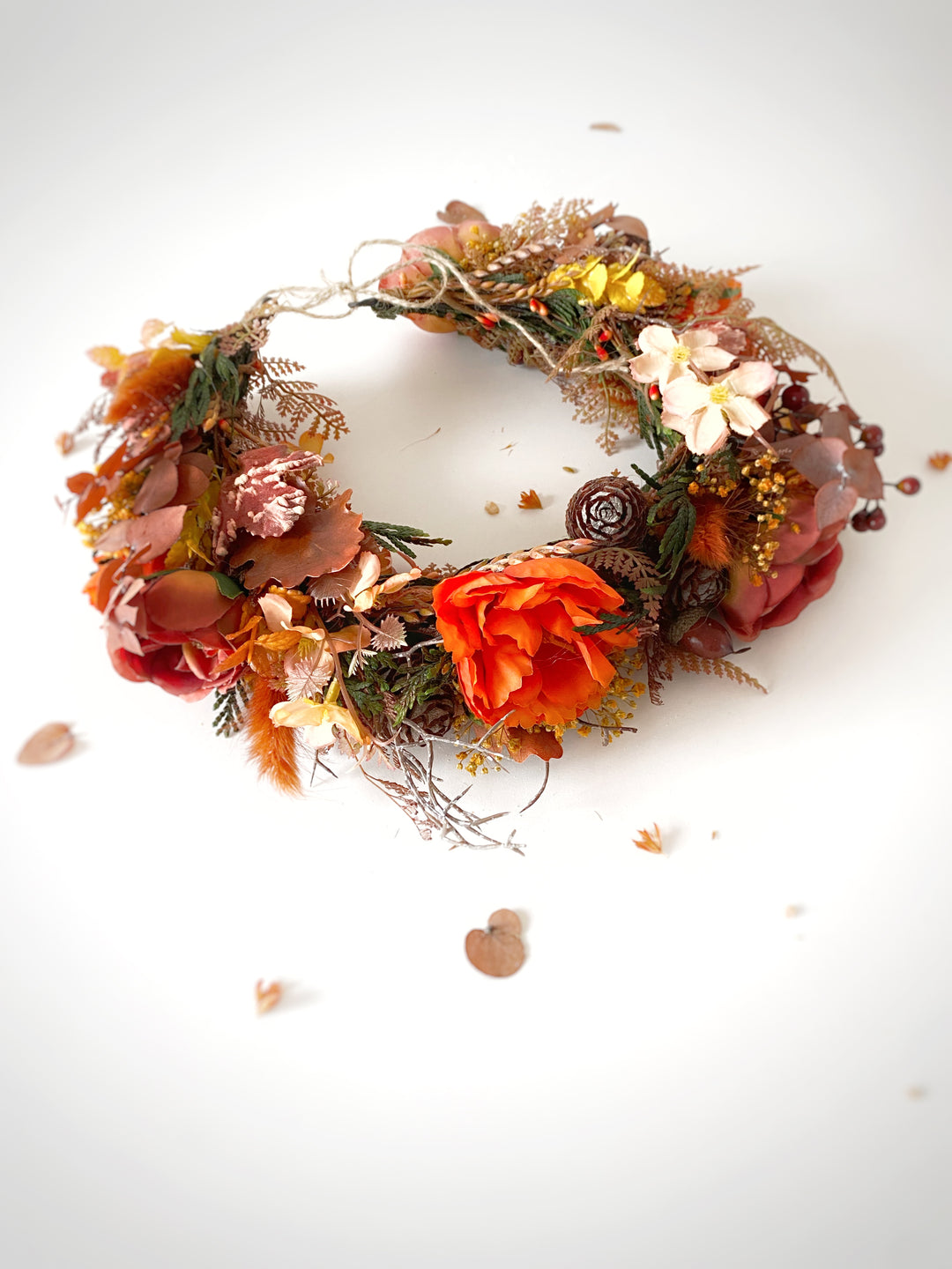 Fall Wedding Boho Flower Crown with Peonies, Pine Cones, Eucalyptus and Berries