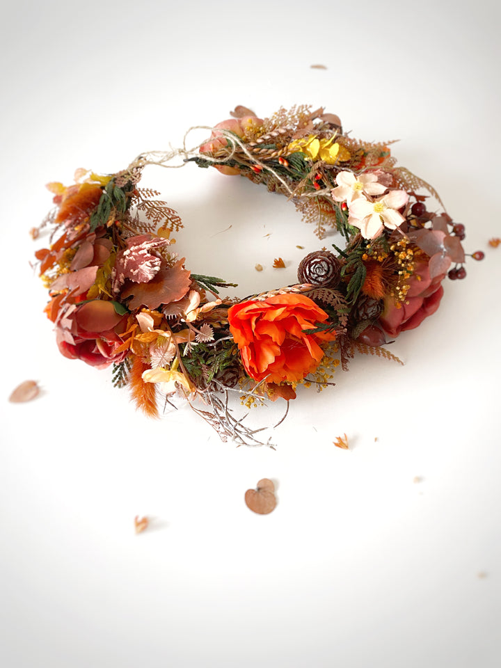 Fall Wedding Boho Flower Crown with Peonies, Pine Cones, Eucalyptus and Berries