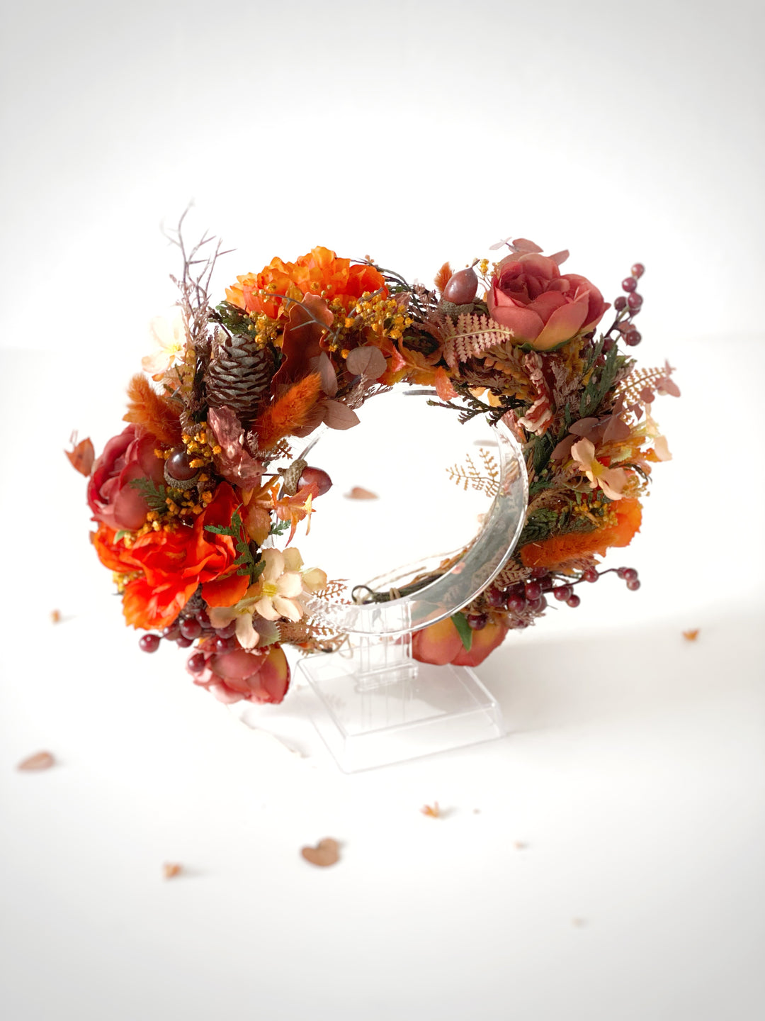 Fall Wedding Boho Flower Crown with Peonies, Pine Cones, Eucalyptus and Berries