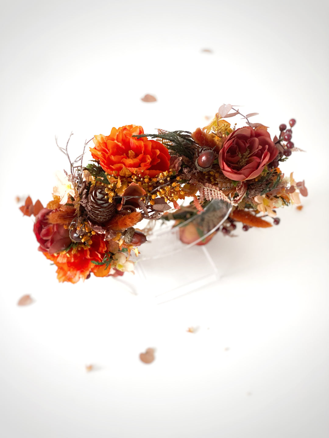 Fall Wedding Boho Flower Crown with Peonies, Pine Cones, Eucalyptus and Berries