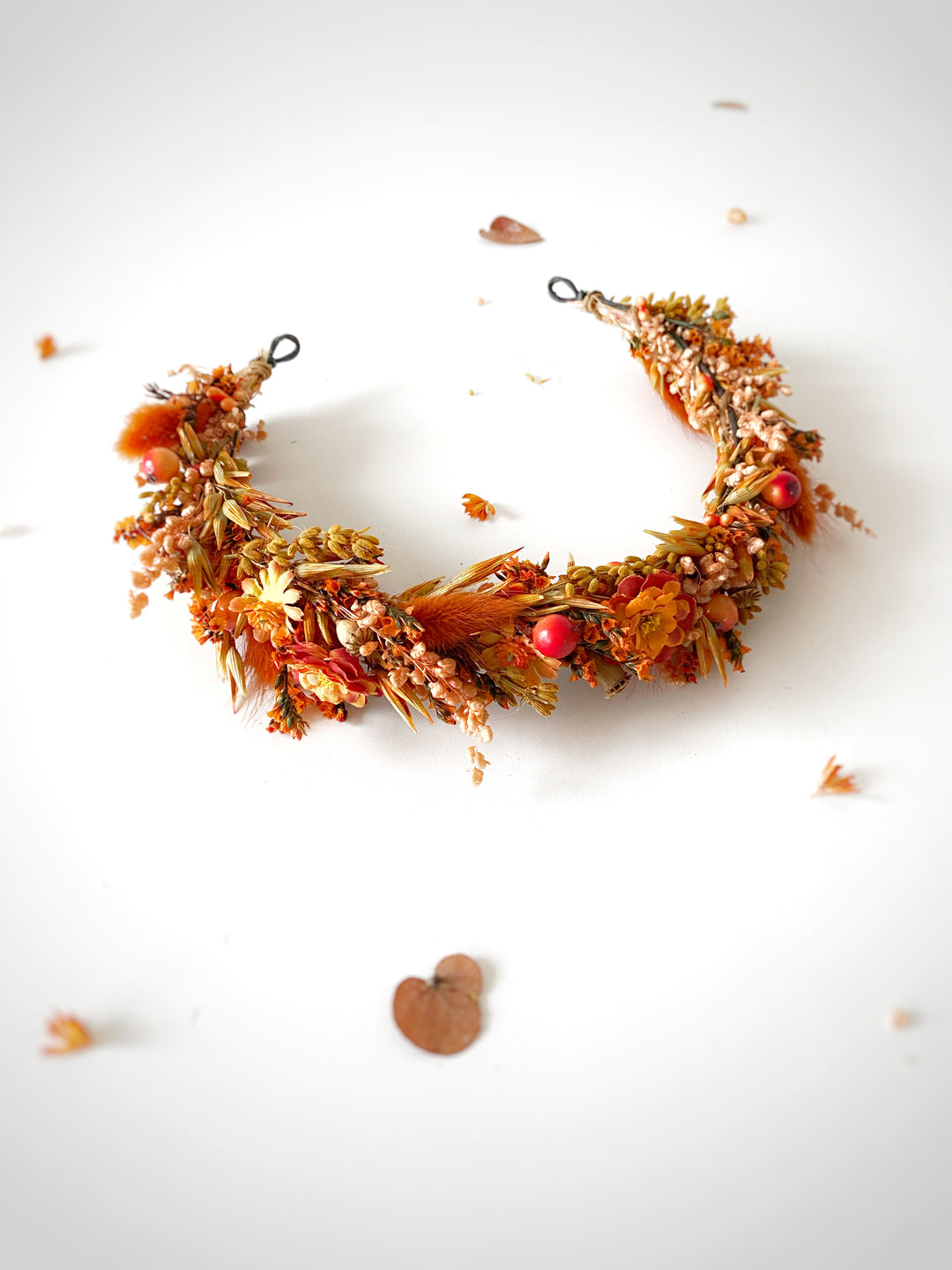 Fall Bridal Half Wreath with Dried Flowers, Textile Flower and Berries in Rust and Orange
