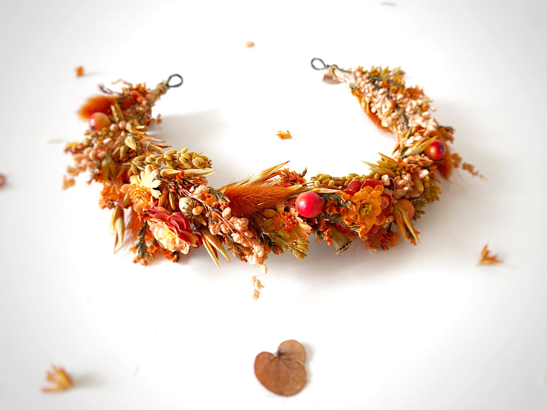 Fall Bridal Half Wreath with Dried Flowers, Textile Flower and Berries in Rust and Orange
