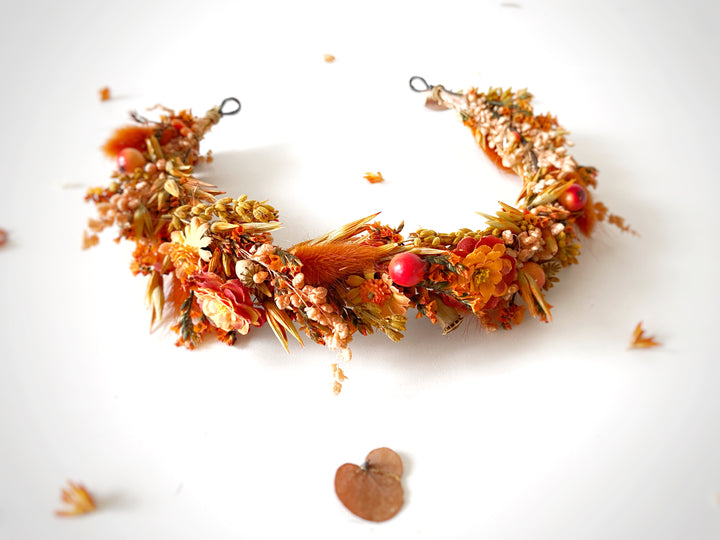 Fall Bridal Half Wreath with Dried Flowers, Textile Flower and Berries in Rust and Orange