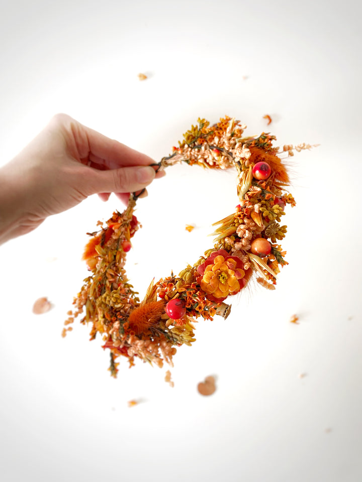 Fall Bridal Half Wreath with Dried Flowers, Textile Flower and Berries in Rust and Orange