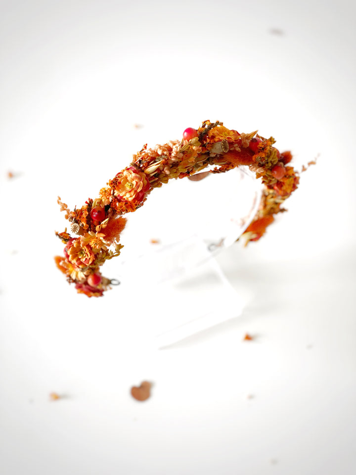 Fall Bridal Half Wreath with Dried Flowers, Textile Flower and Berries in Rust and Orange