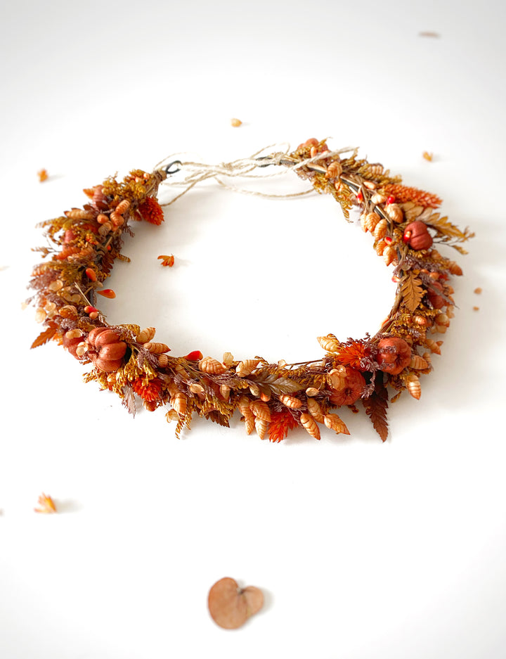 Fall Wedding Dried Flower Crown - Terracotta and Pumpkin Wreath