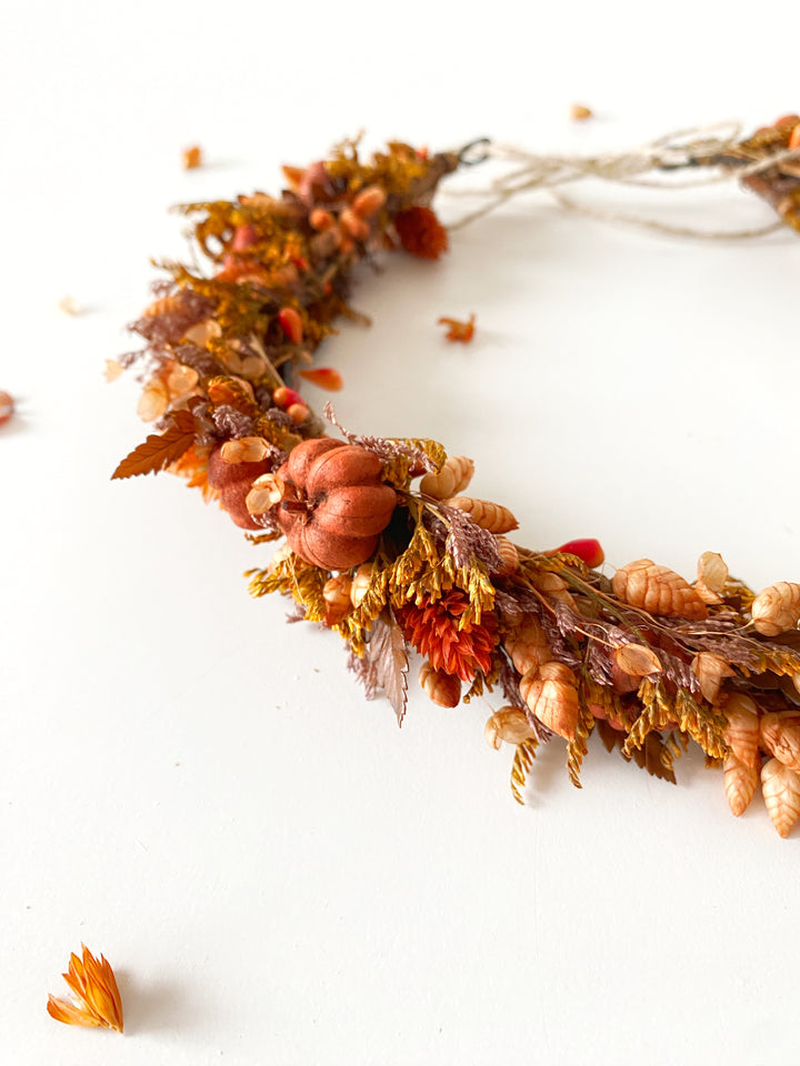 Fall Wedding Dried Flower Crown - Terracotta and Pumpkin Wreath