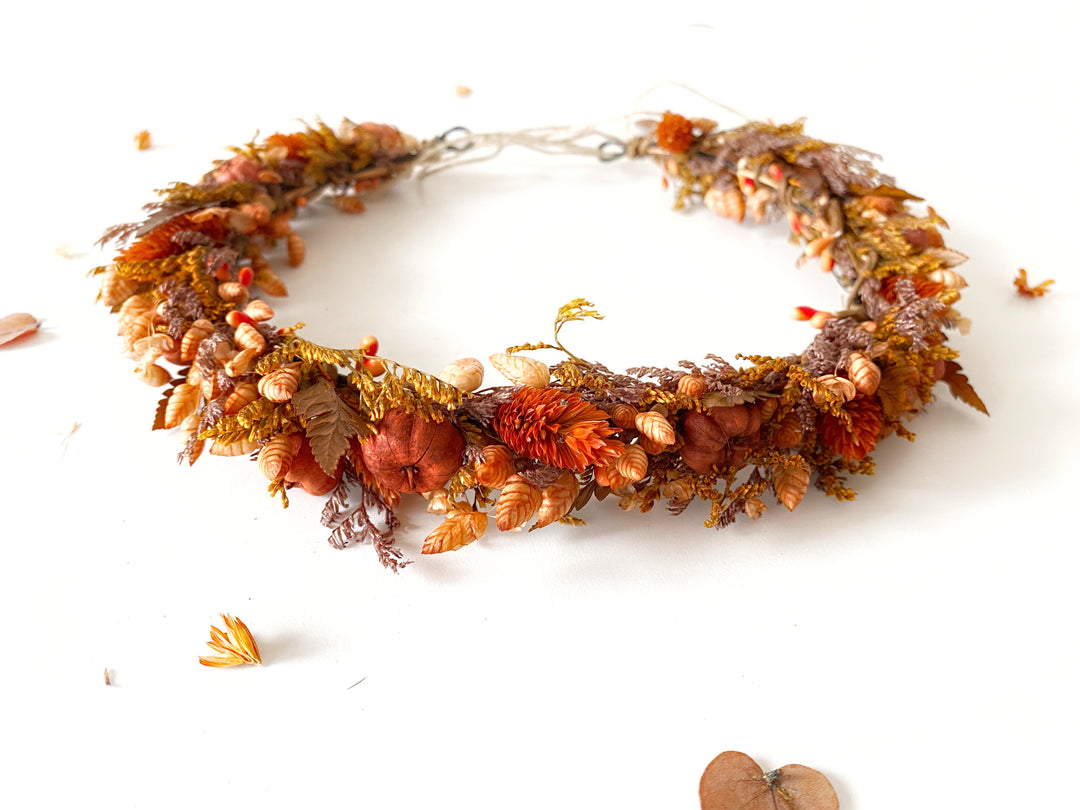 Fall Wedding Dried Flower Crown - Terracotta and Pumpkin Wreath