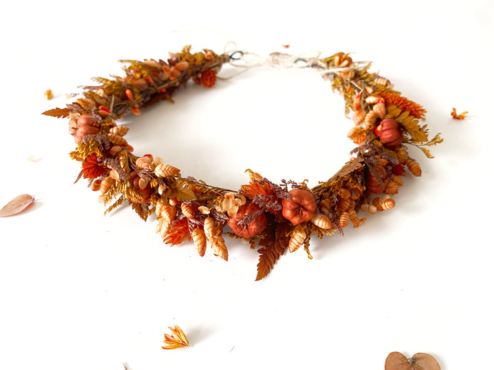 Fall Wedding Dried Flower Crown - Terracotta and Pumpkin Wreath