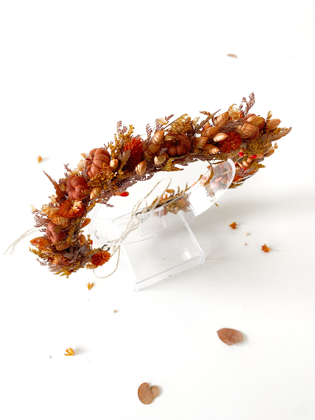 Fall Wedding Dried Flower Crown - Terracotta and Pumpkin Wreath