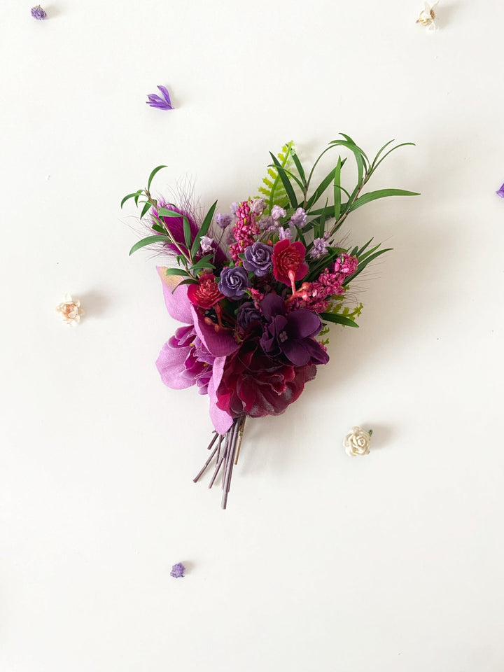 Purple and burgundy wedding flower set: bracelet, earrings in two sizes and boutonniere for groom – handmade floral hair accessory by magaela