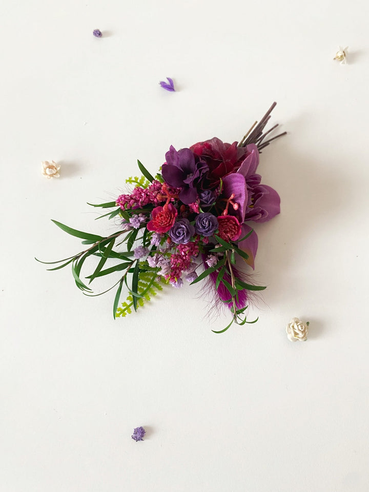 Purple and burgundy wedding flower set: bracelet, earrings in two sizes and boutonniere for groom – handmade floral hair accessory by magaela