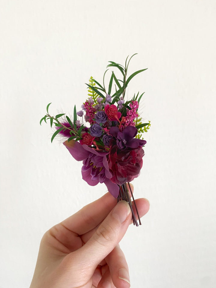 Purple and burgundy wedding flower set: bracelet, earrings in two sizes and boutonniere for groom – handmade floral hair accessory by magaela