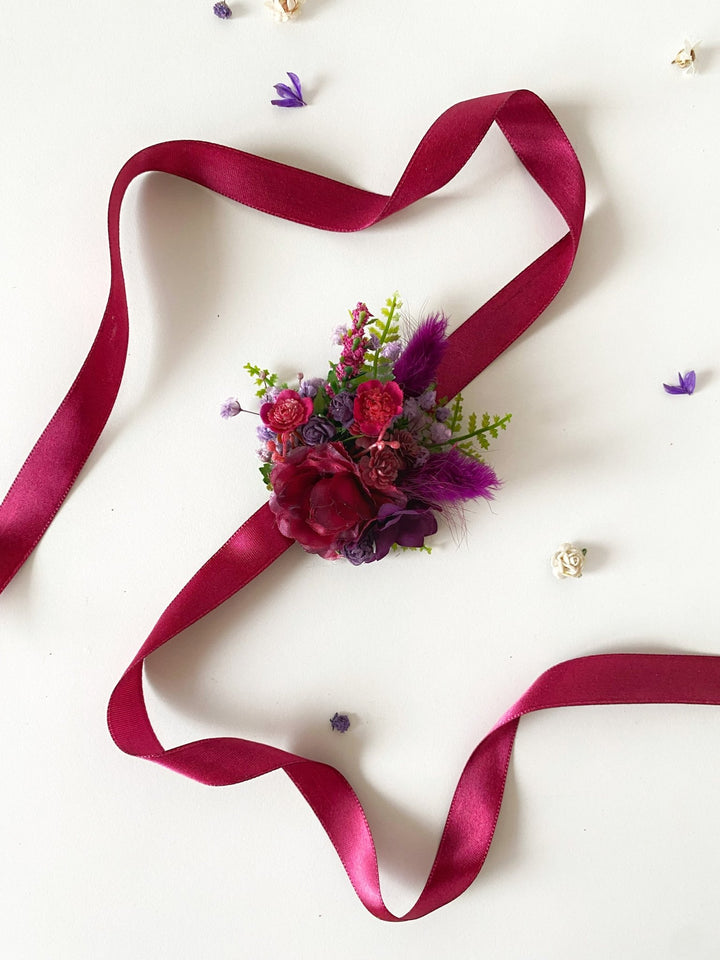 Purple and burgundy wedding flower set: bracelet, earrings in two sizes and boutonniere for groom – handmade floral hair accessory by magaela