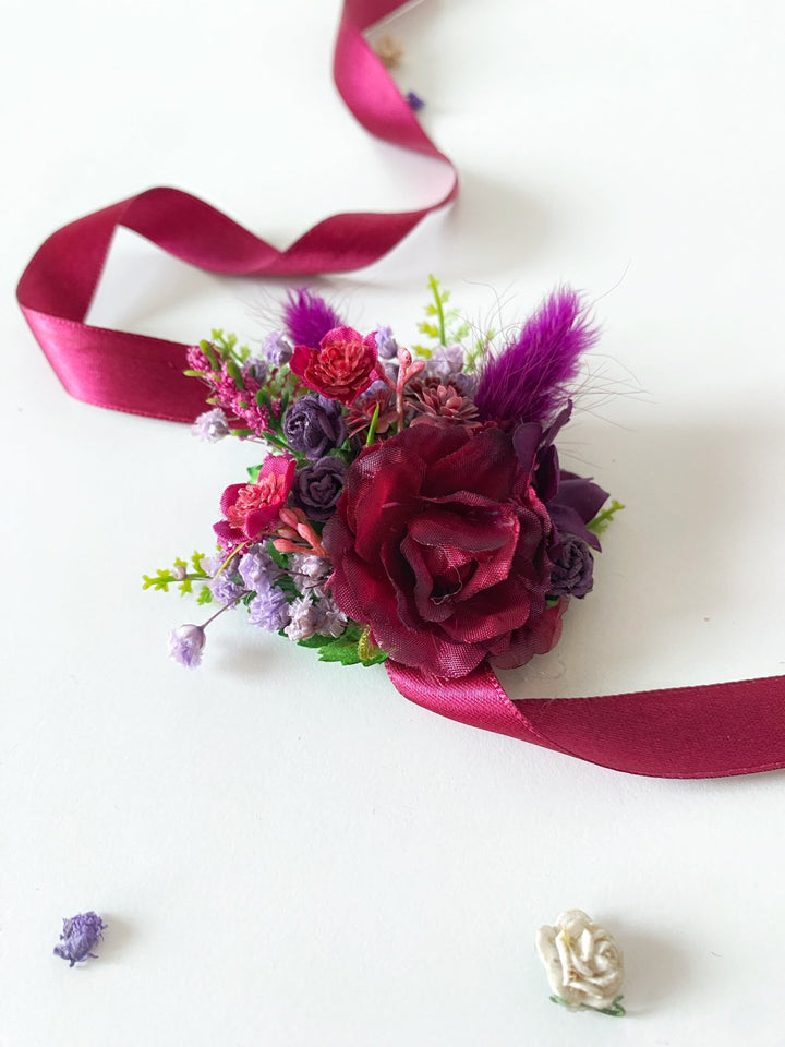 Purple and burgundy wedding flower set: bracelet, earrings in two sizes and boutonniere for groom – handmade floral hair accessory by magaela
