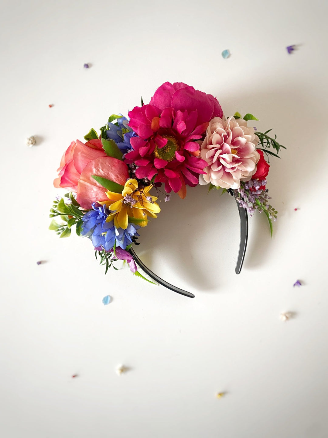 Carnival flower headpiece: pink, yellow and blue Frida headband – handmade floral hair accessory by magaela
