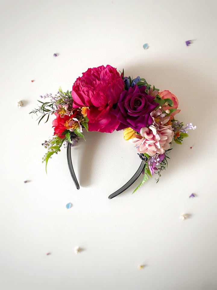 Carnival flower headpiece: pink, yellow and blue Frida headband – handmade floral hair accessory by magaela