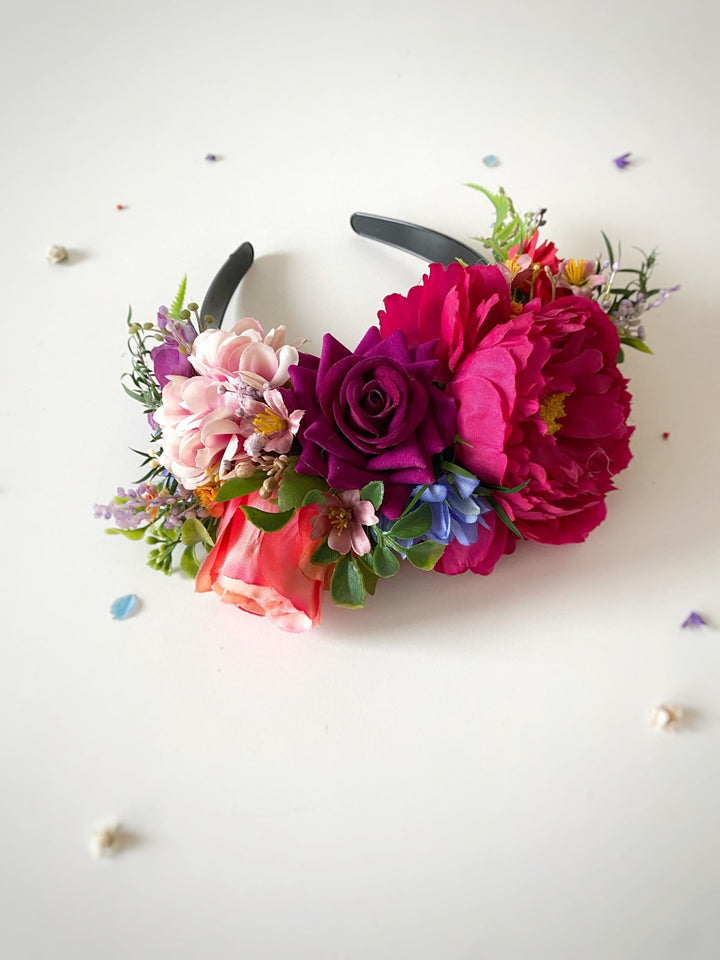 Carnival flower headpiece: pink, yellow and blue Frida headband – handmade floral hair accessory by magaela