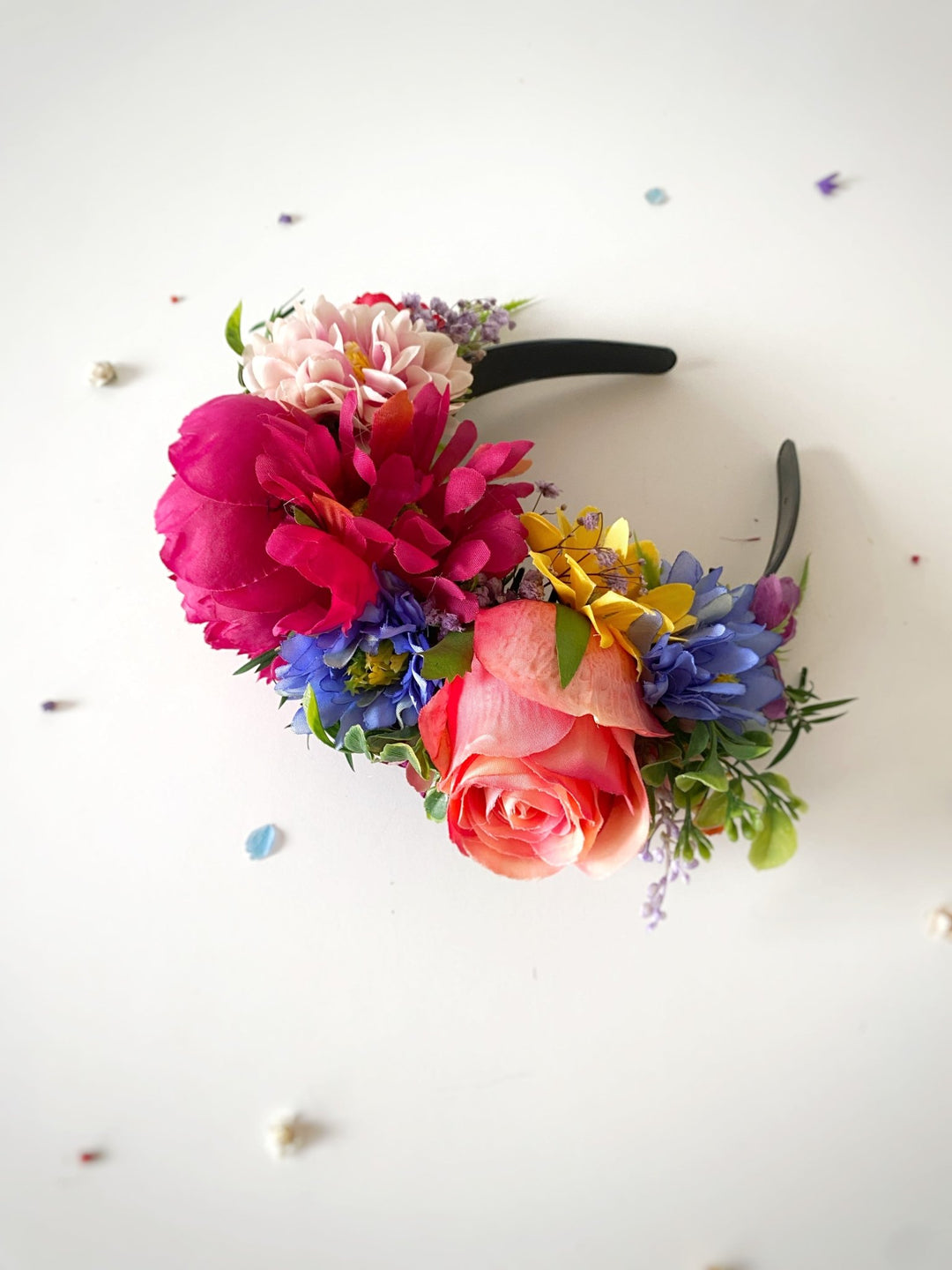 Carnival flower headpiece: pink, yellow and blue Frida headband – handmade floral hair accessory by magaela