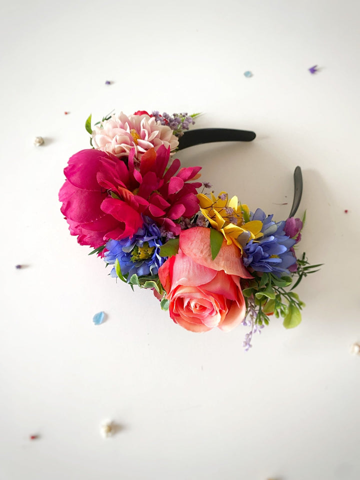 Carnival flower headpiece: pink, yellow and blue Frida headband – handmade floral hair accessory by magaela