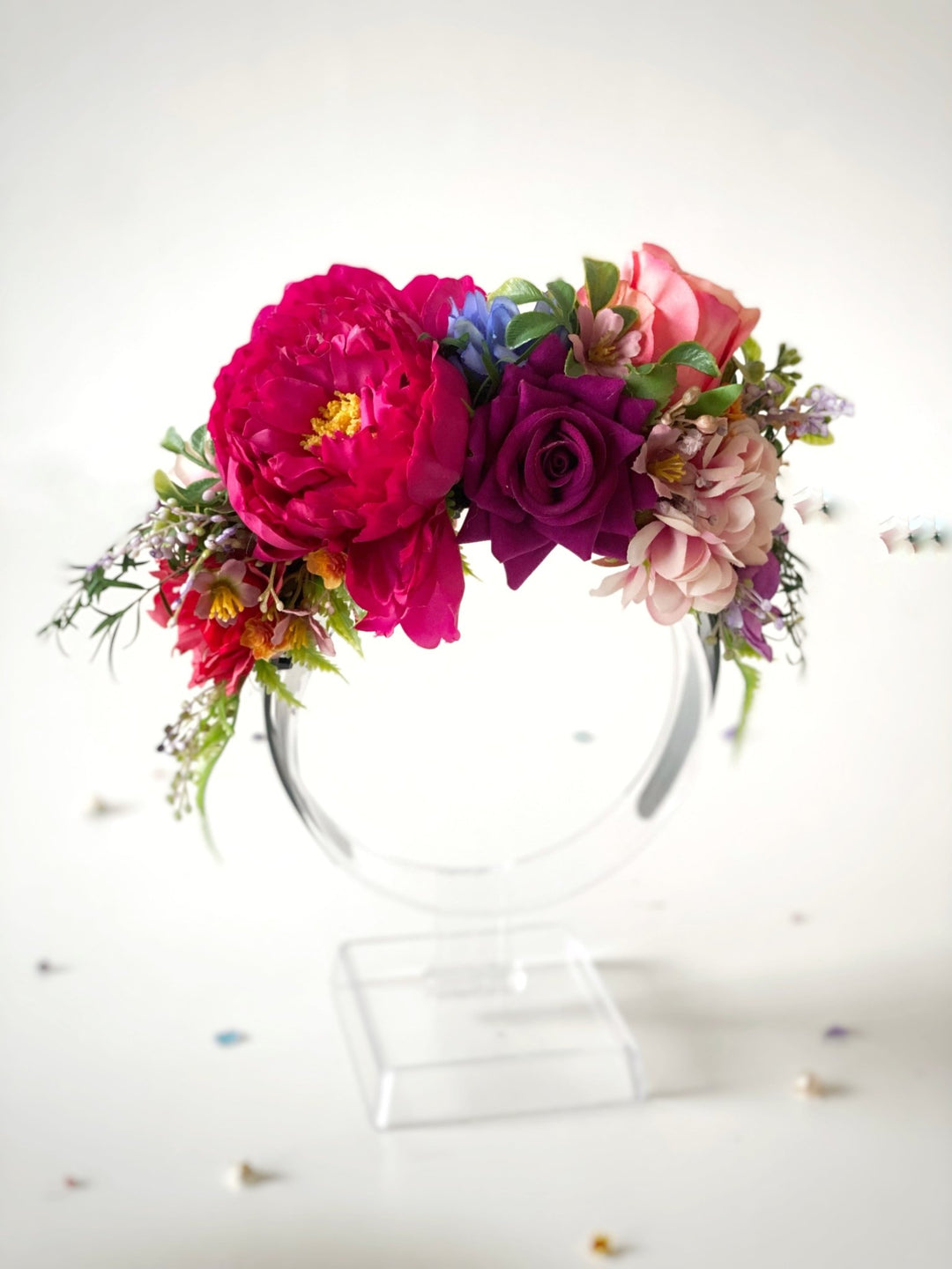 Carnival flower headpiece: pink, yellow and blue Frida headband – handmade floral hair accessory by magaela