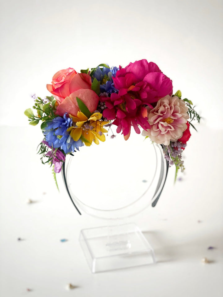 Carnival flower headpiece: pink, yellow and blue Frida headband – handmade floral hair accessory by magaela
