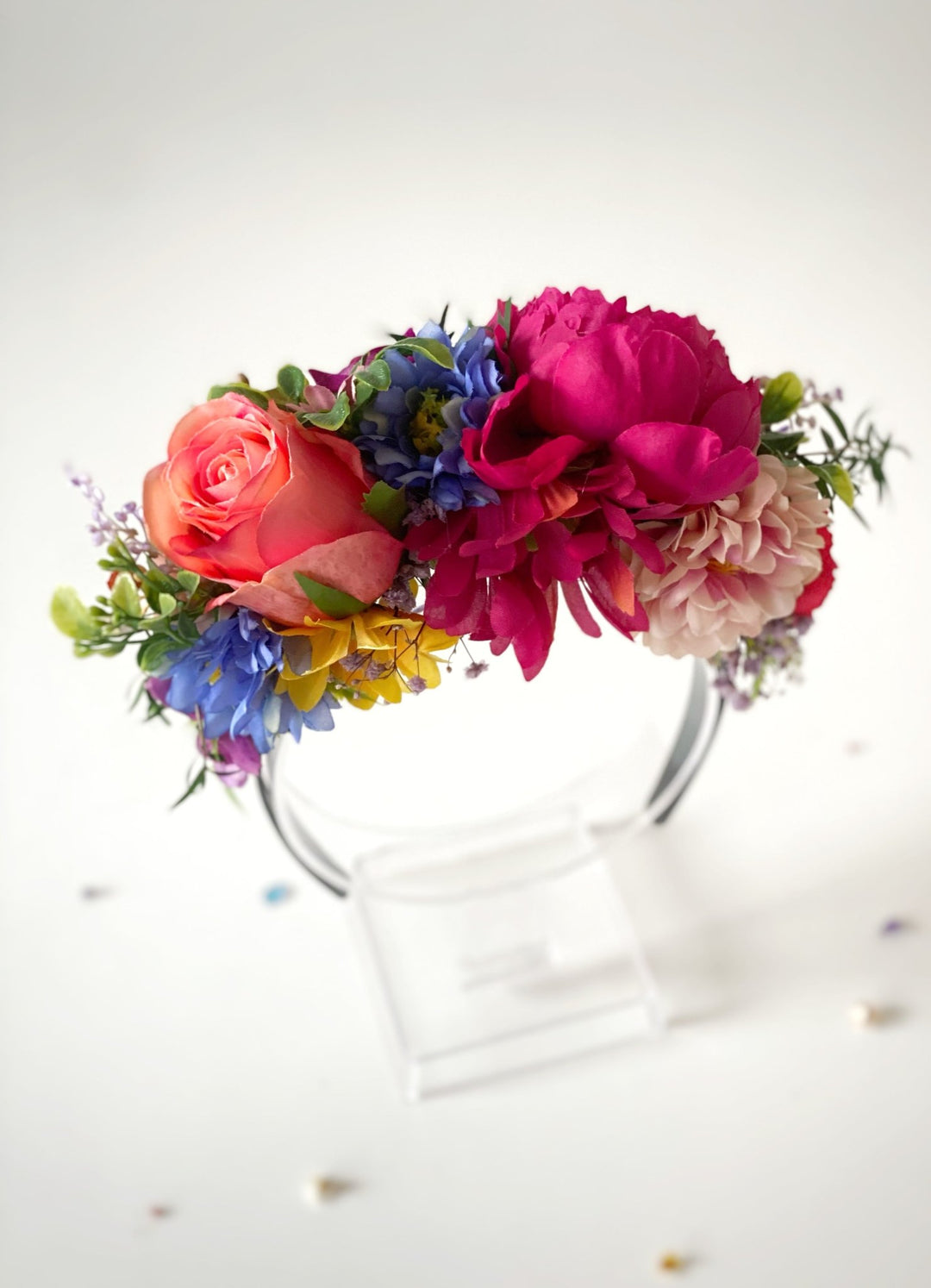 Carnival flower headpiece: pink, yellow and blue Frida headband – handmade floral hair accessory by magaela